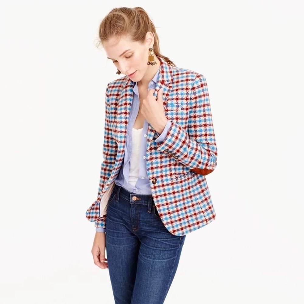 J. Crew Campbell Blazer 14 Crimson Plaid Houndstooth Wool Elbow Patch Jacket
